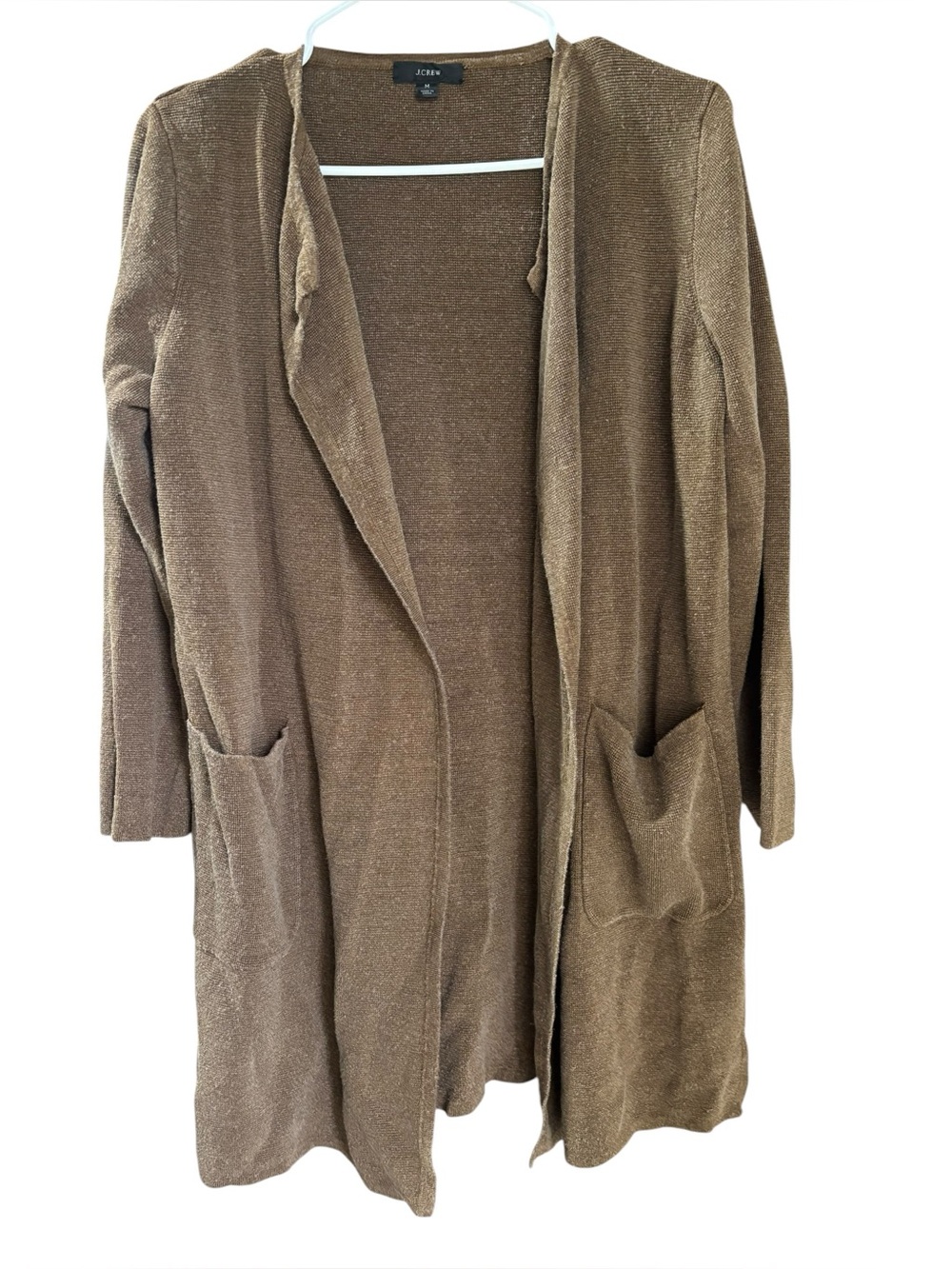 J. Crew Women’s Brown Long Open-Front Cardigan with Pockets Linen Blend Size M‎